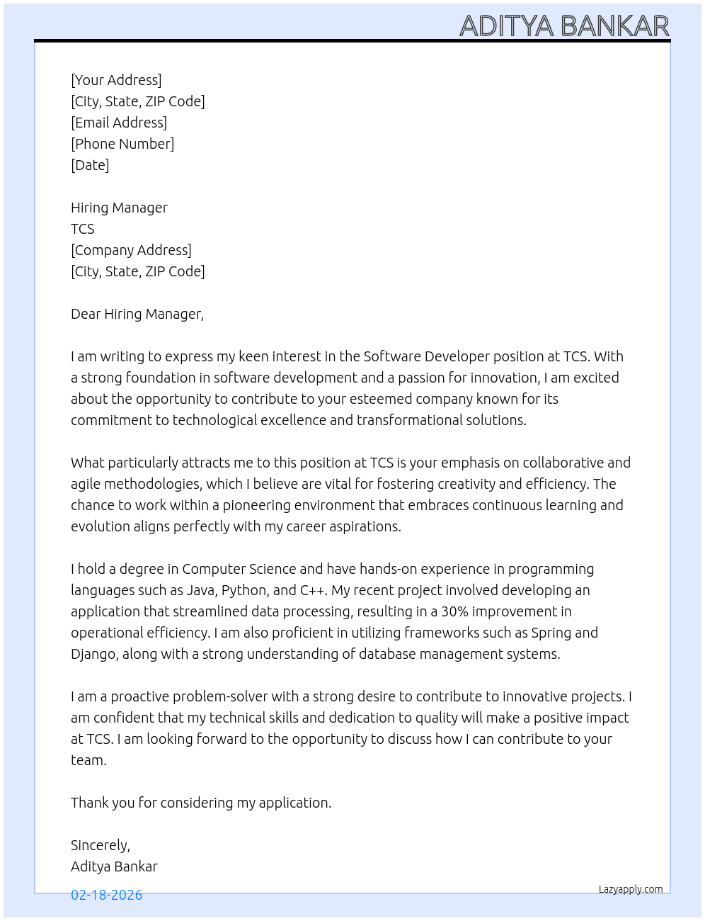 Software Developer At TCS Cover Letter