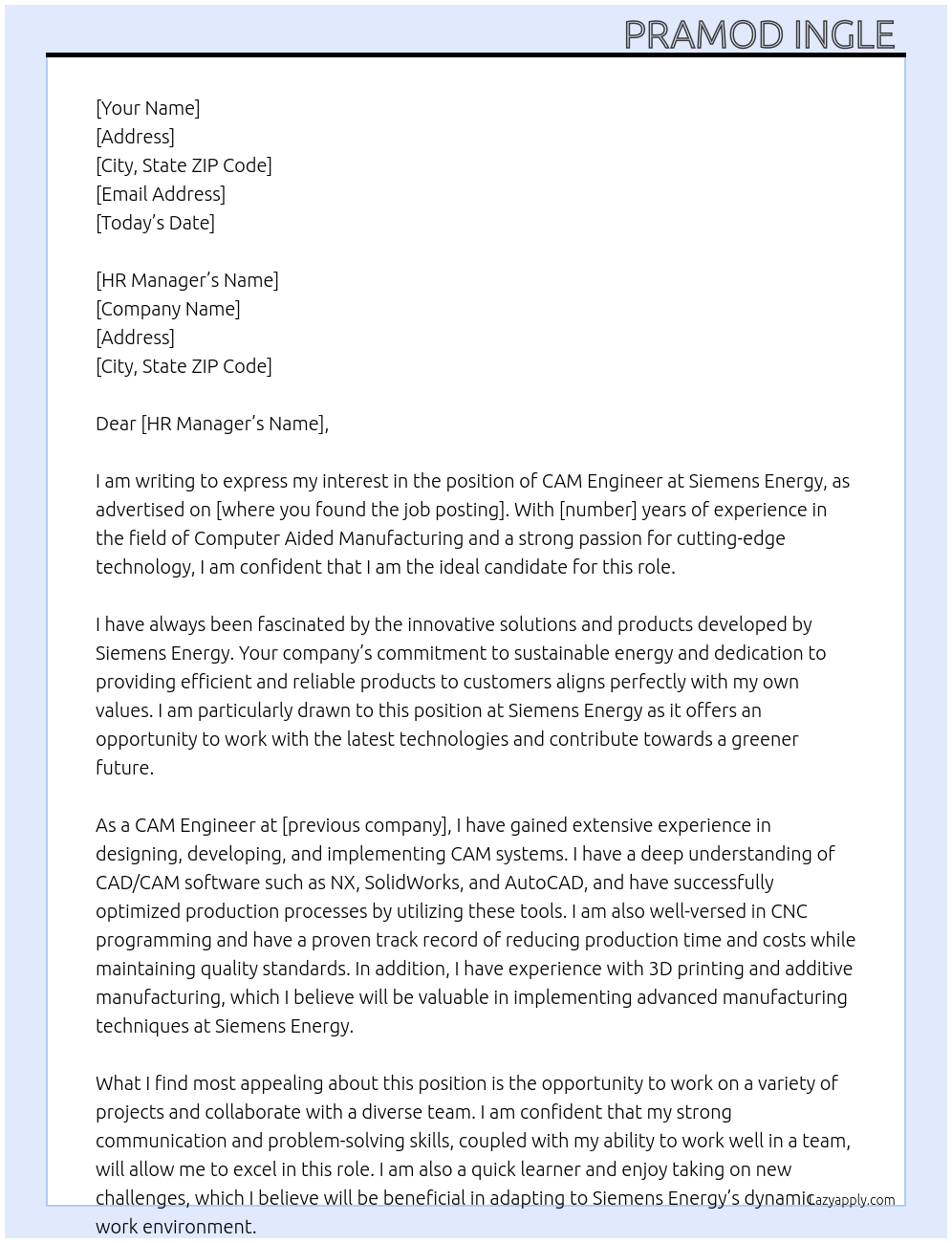 CAM Engineer  At Siemens energy  Cover Letter