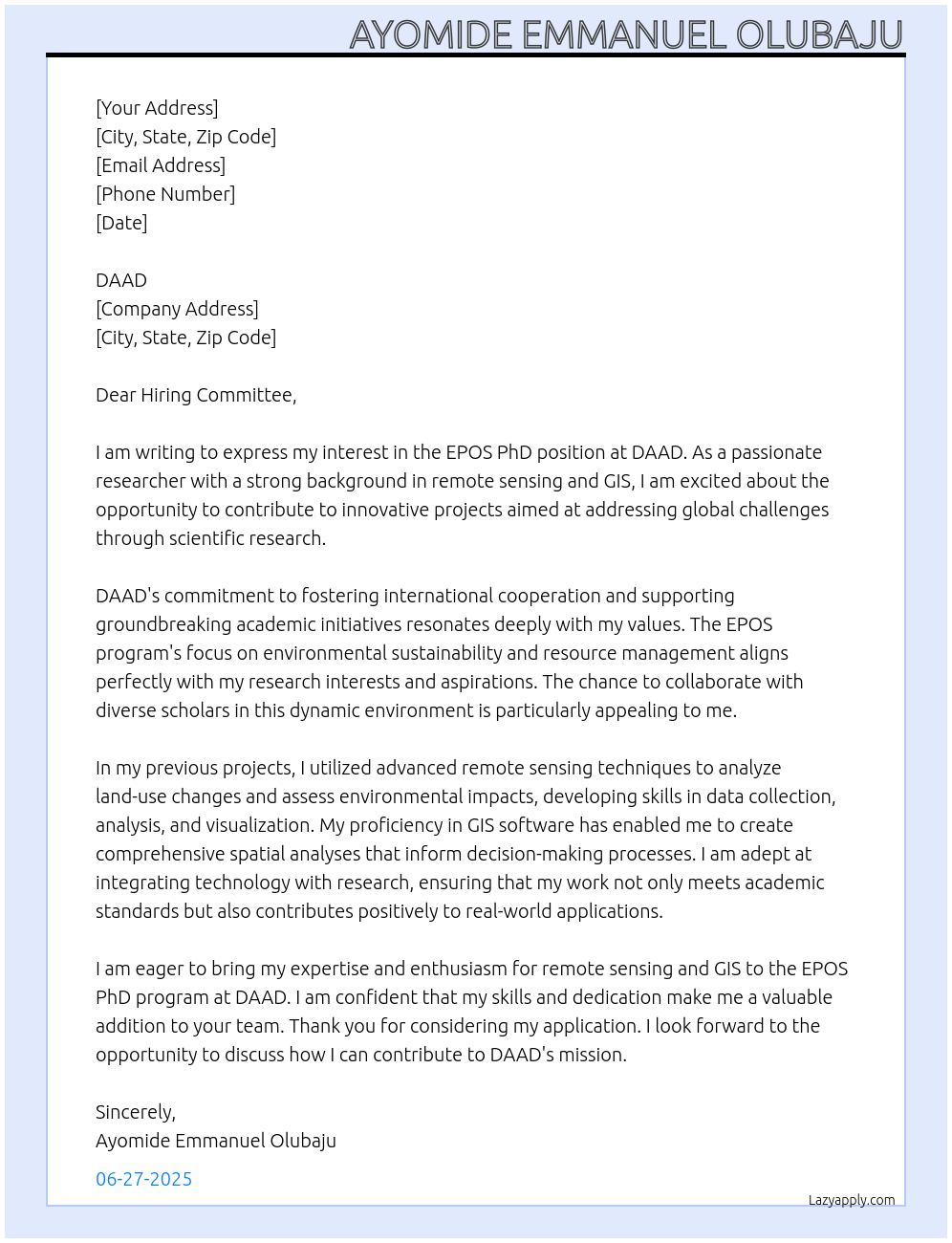 EPOS PhD At DAAD Cover Letter