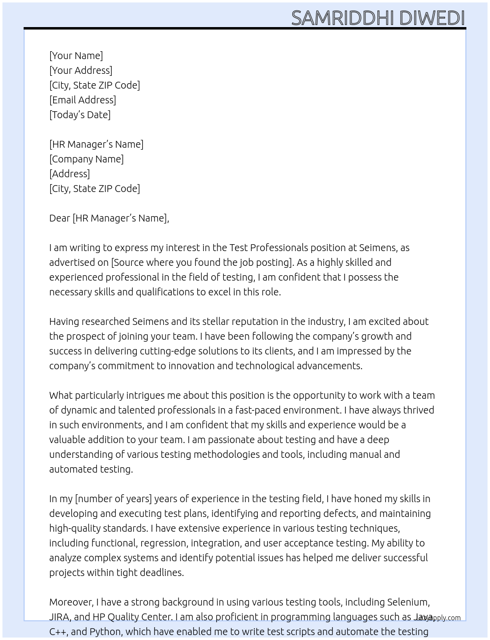 Test Professionals At Seimens Cover Letter