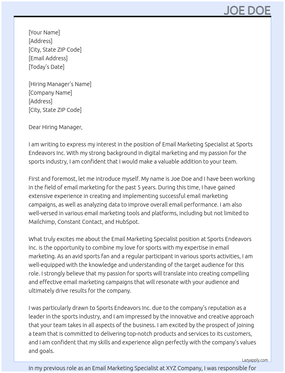 Email Marketing Specialist At Sports Endeavors Inc. Cover Letter