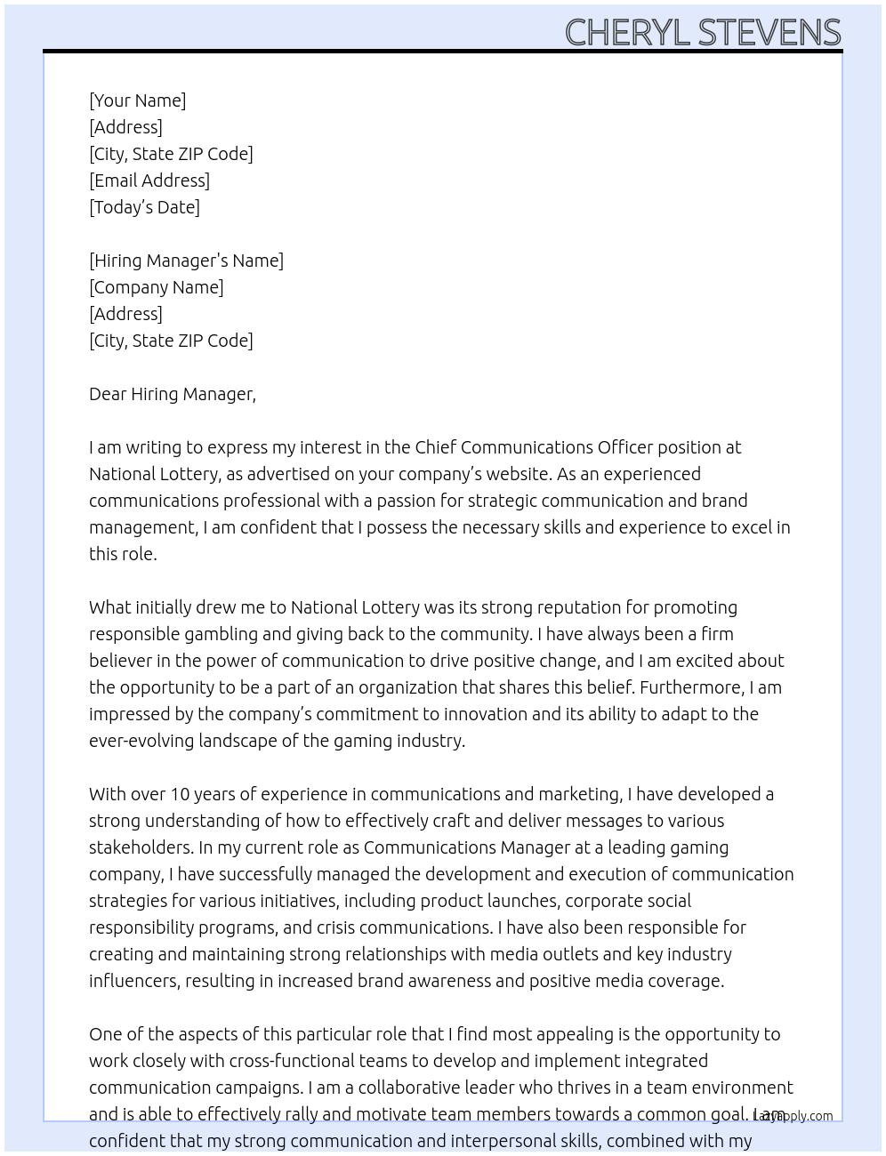 Chief Communications Officer At National Lottery Cover Letter