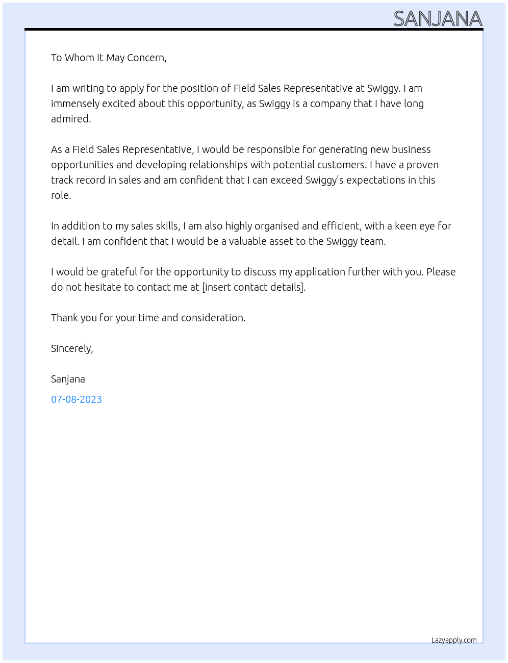 field sales representative  At swiggy Cover Letter