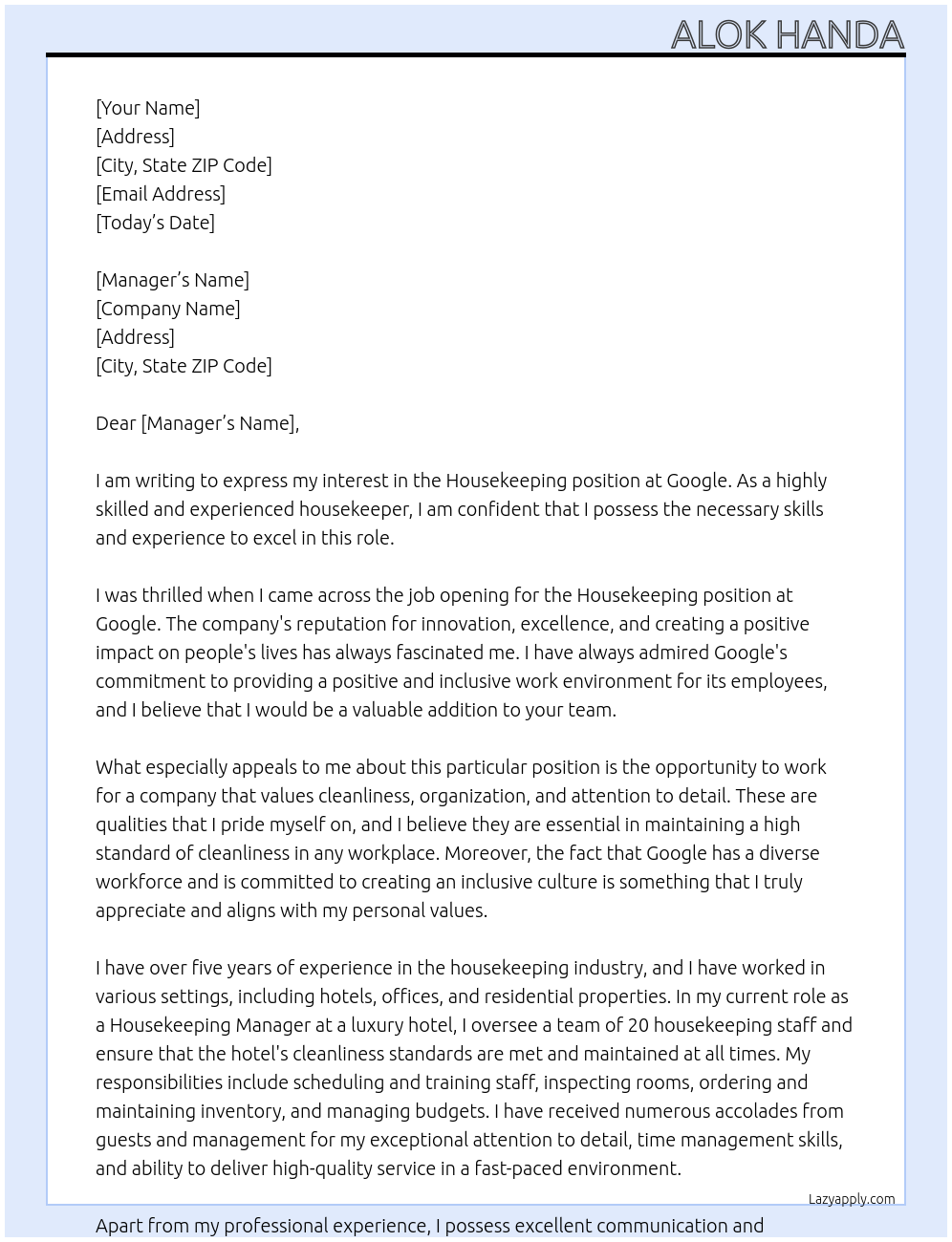 HOUSEKEEPING At google Cover Letter