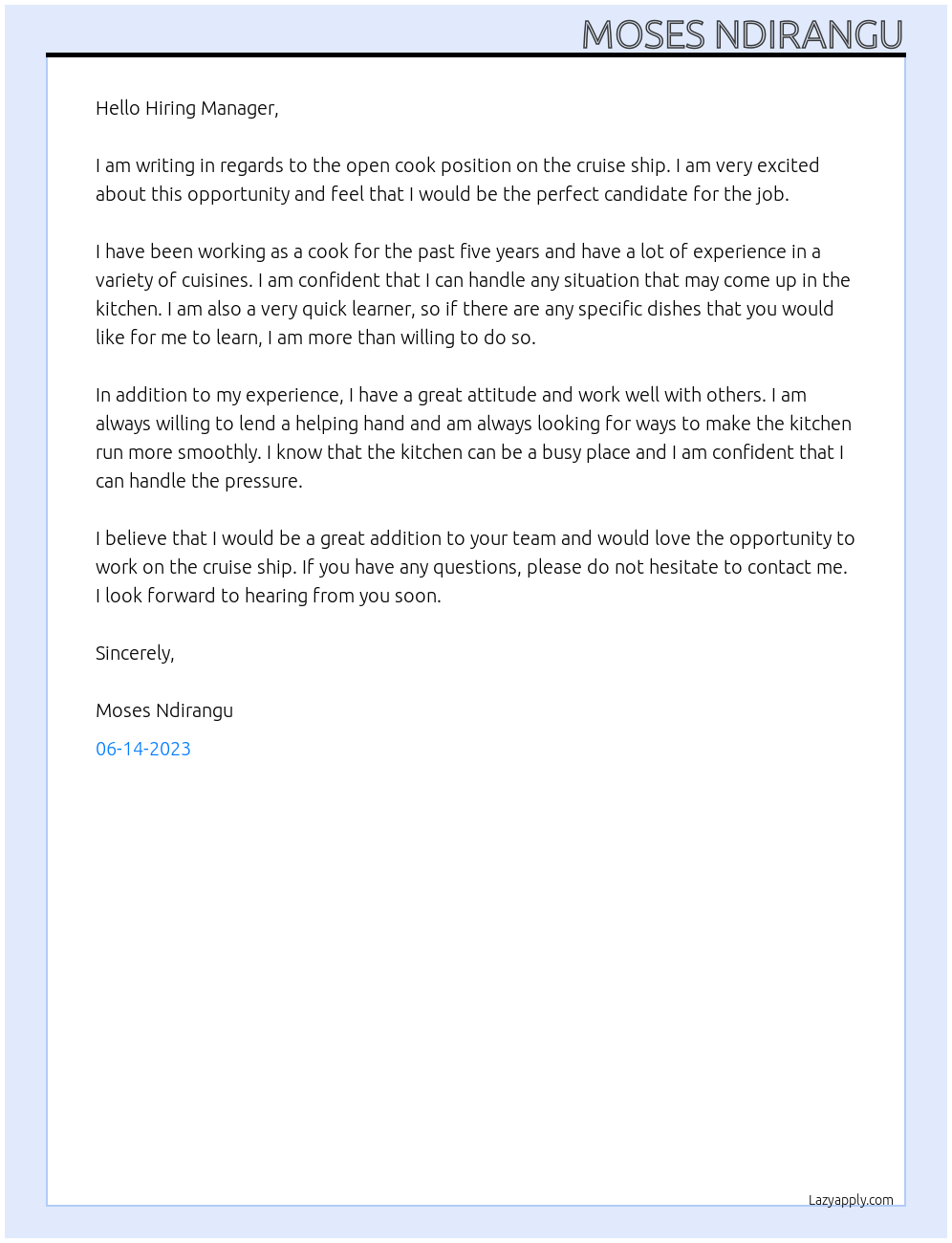 Cook At Cruise ship Cover Letter