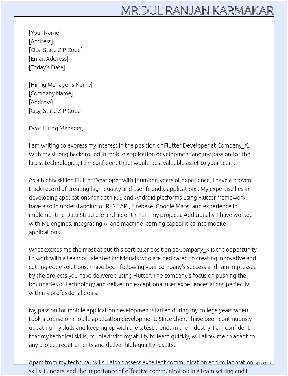 Flutter Developer At Company_X Cover Letter
