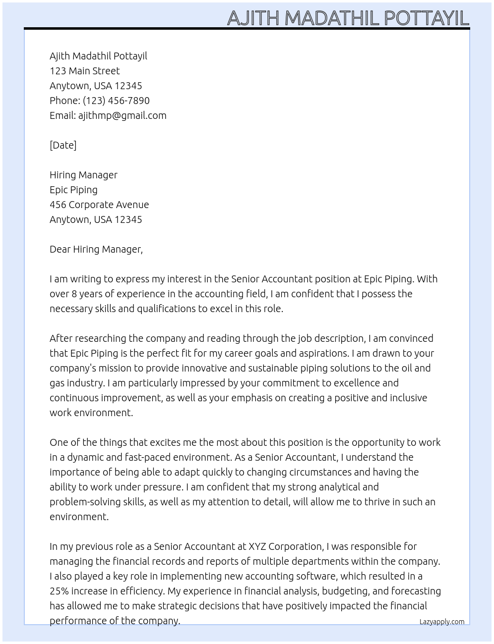 Senior Accountant At Epic piping Cover Letter