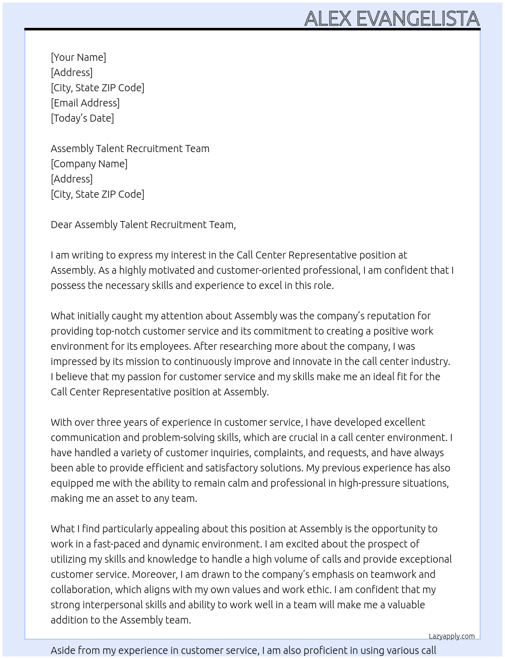 Call Center Representative At Assembly Cover Letter
