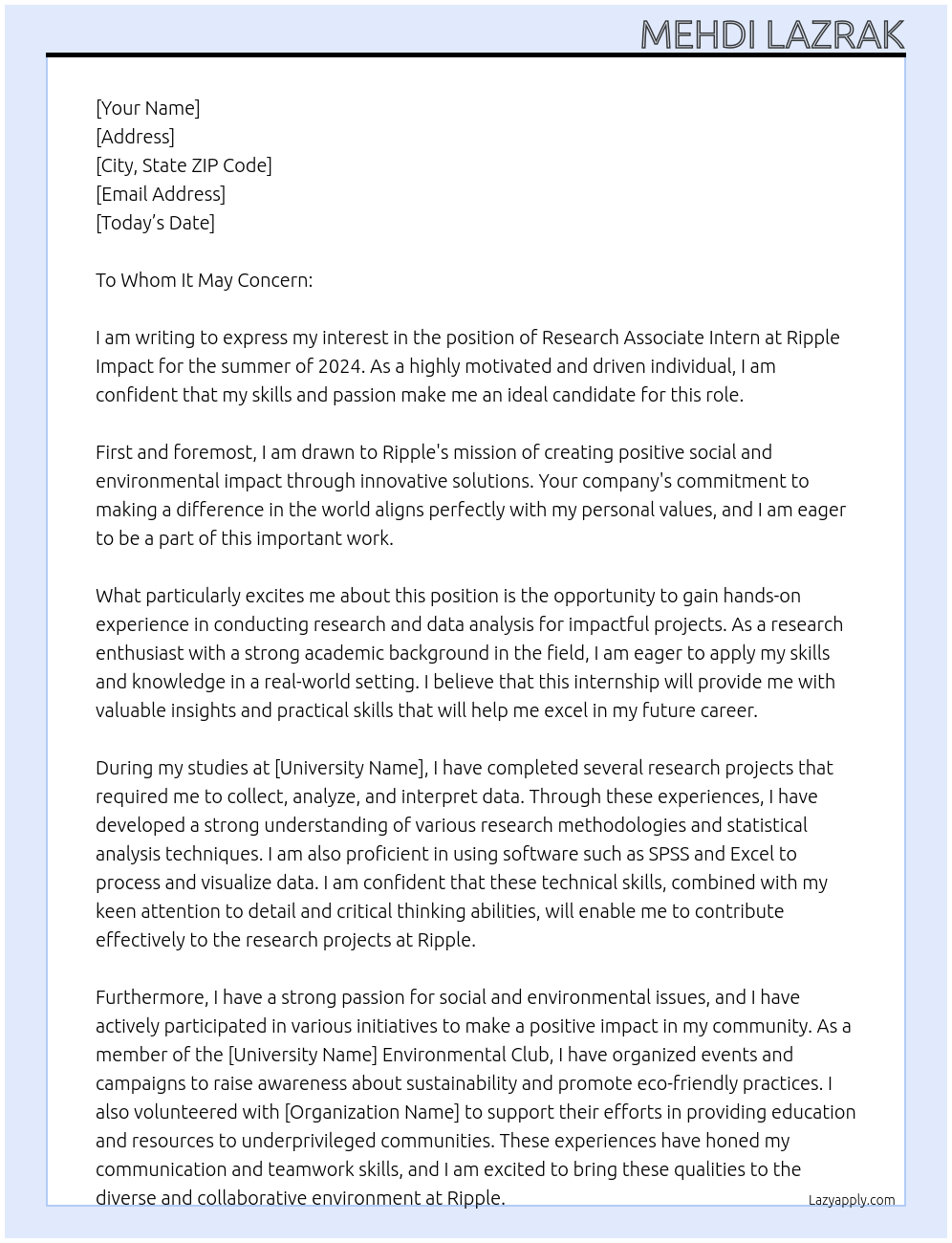 Research Associate Intern, Ripple Impact (Summer 2024) At Ripple Cover Letter