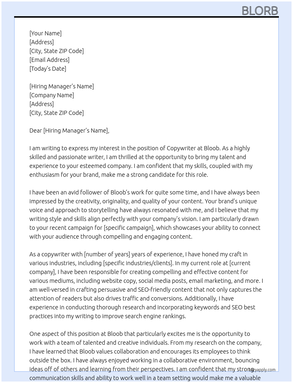 copywriter At bloob Cover Letter