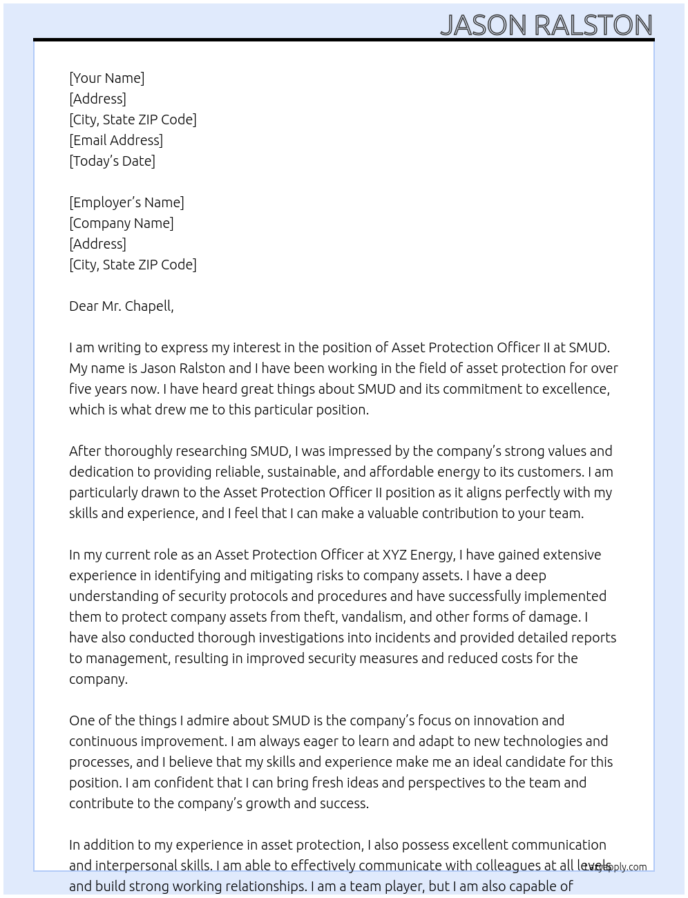 Asset Protection Officer II At SMUD Cover Letter