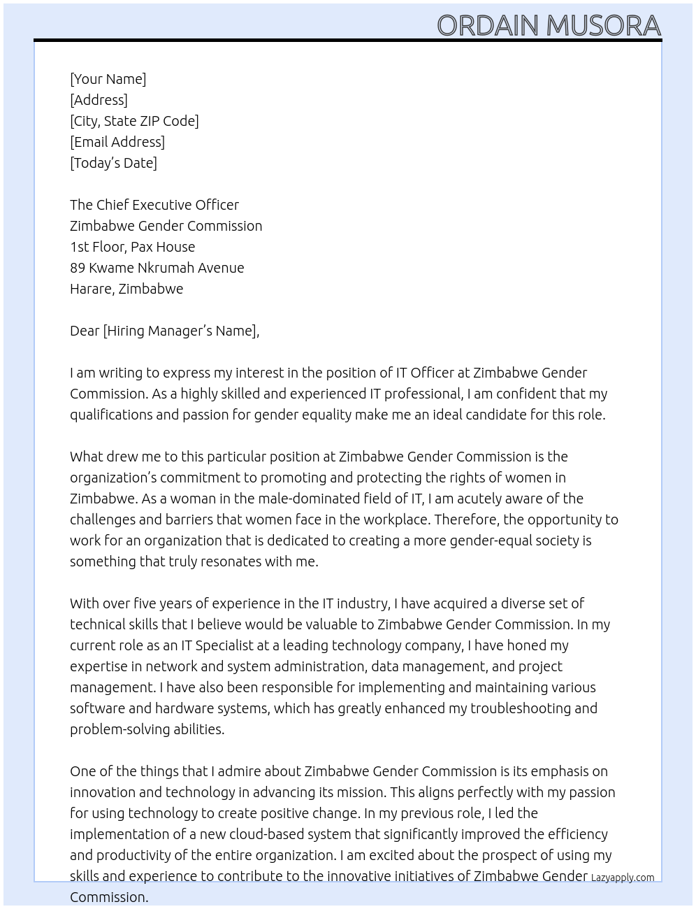 IT OFFICER At Zimbabwe Gender Commission Cover Letter