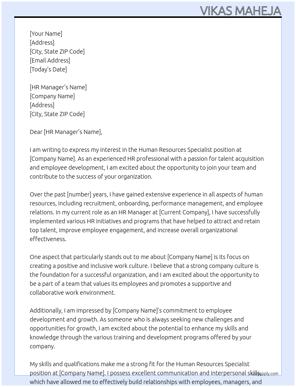 Human Resources Specialist At . Cover Letter