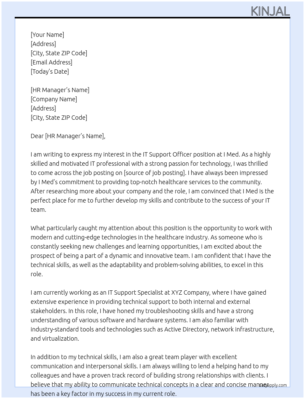 IT support officer At I Med Cover Letter