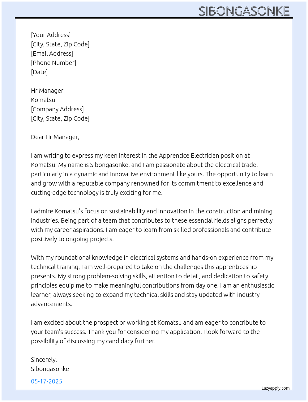 Apprentice Electrician At Komatsu Cover Letter