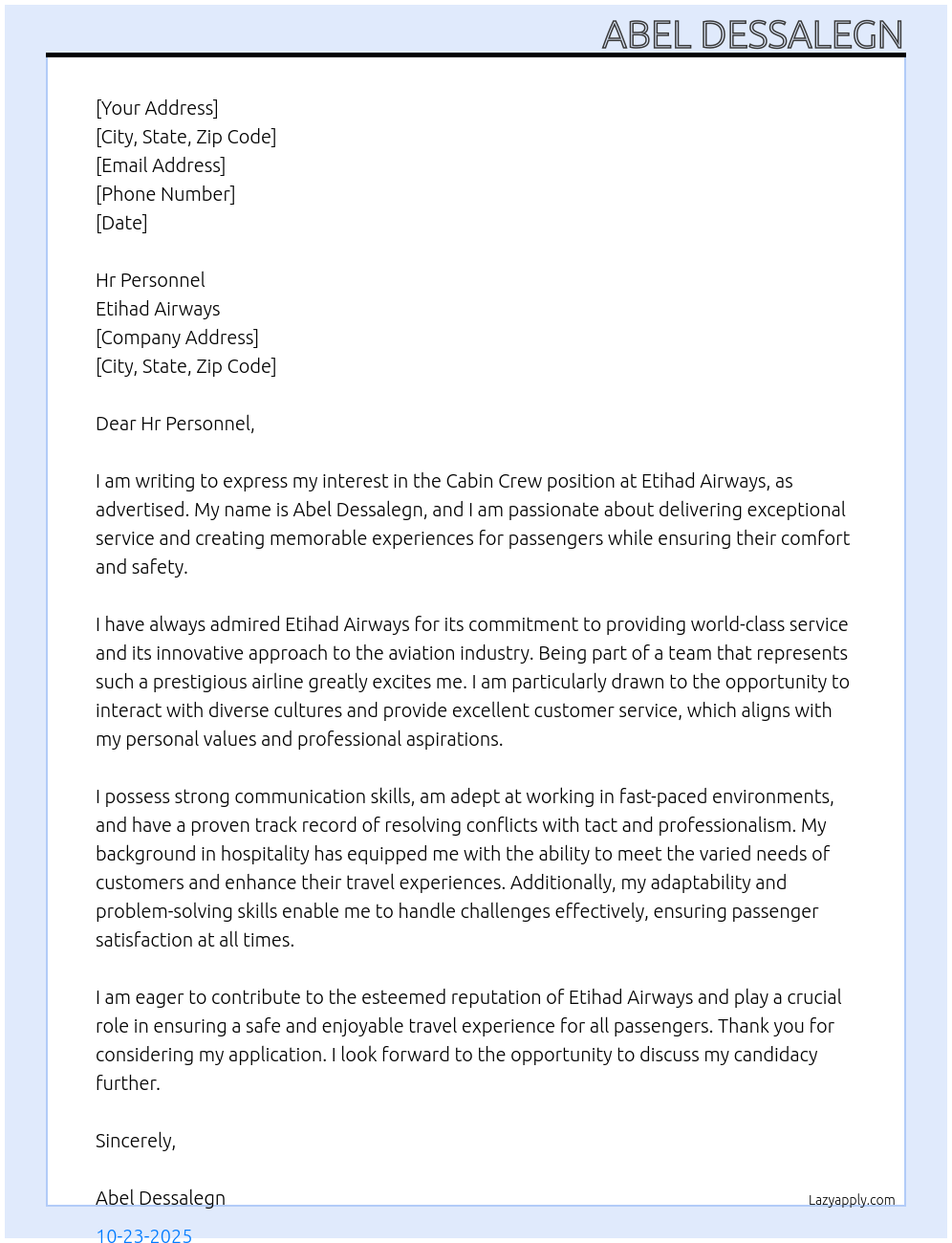 Cabin crew At Etihad Airways Cover Letter