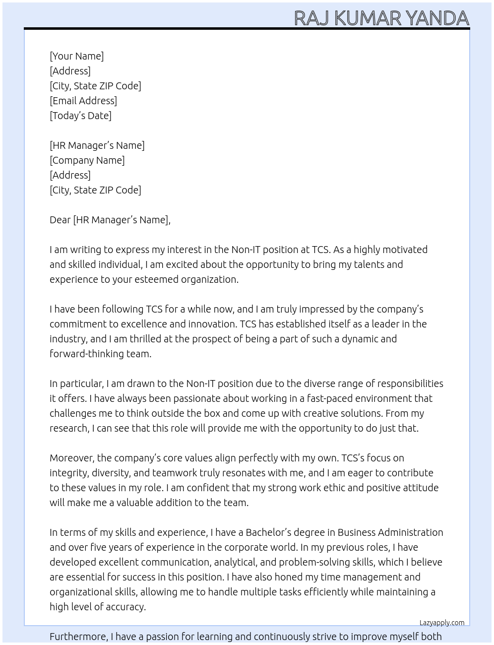 Non IT At TCS Cover Letter