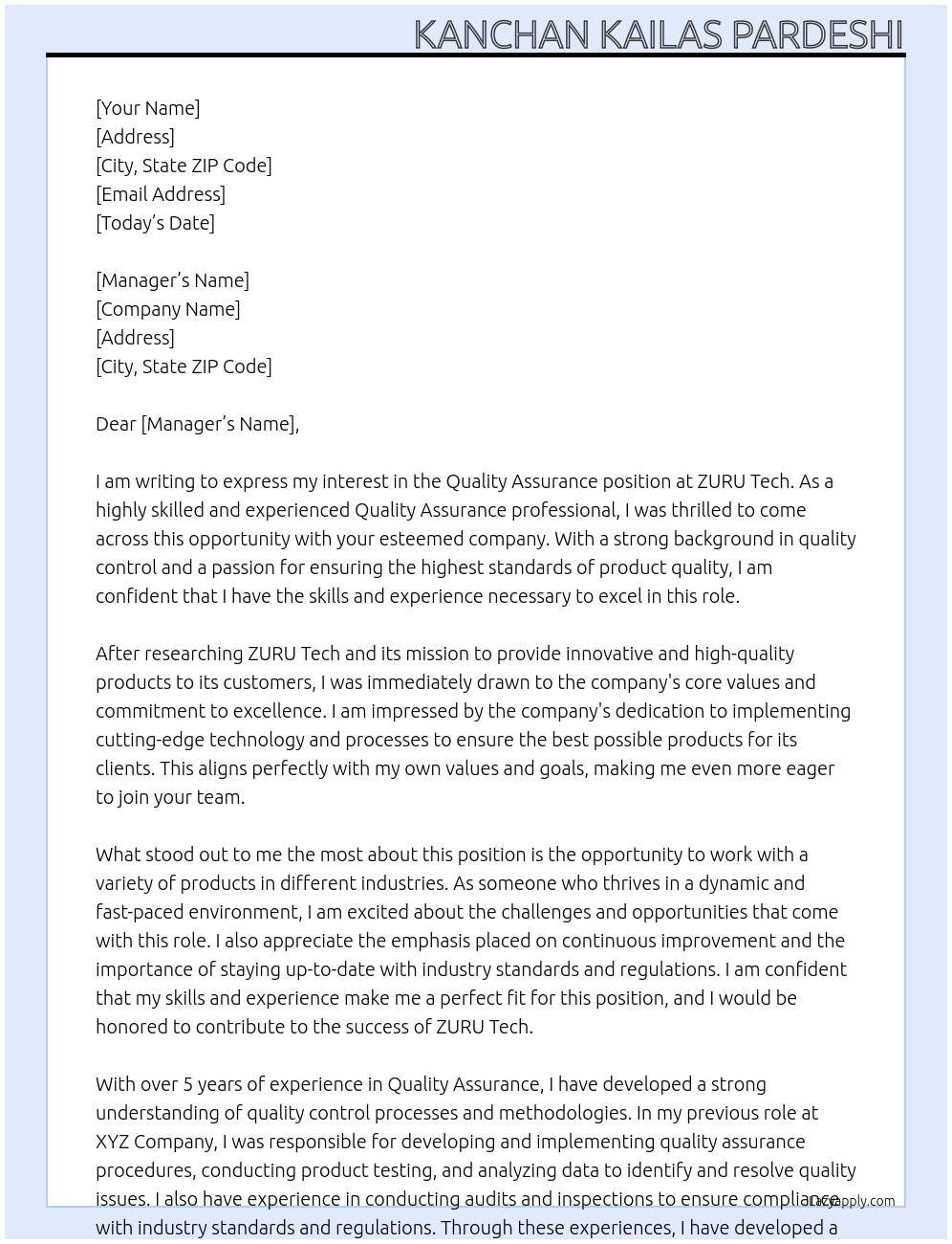 Quality Assurance At ZURU Tech  Cover Letter