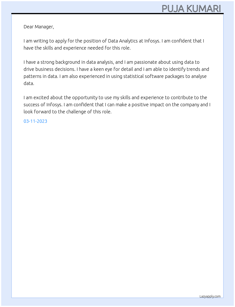 Data Analytics  At Infosys  Cover Letter