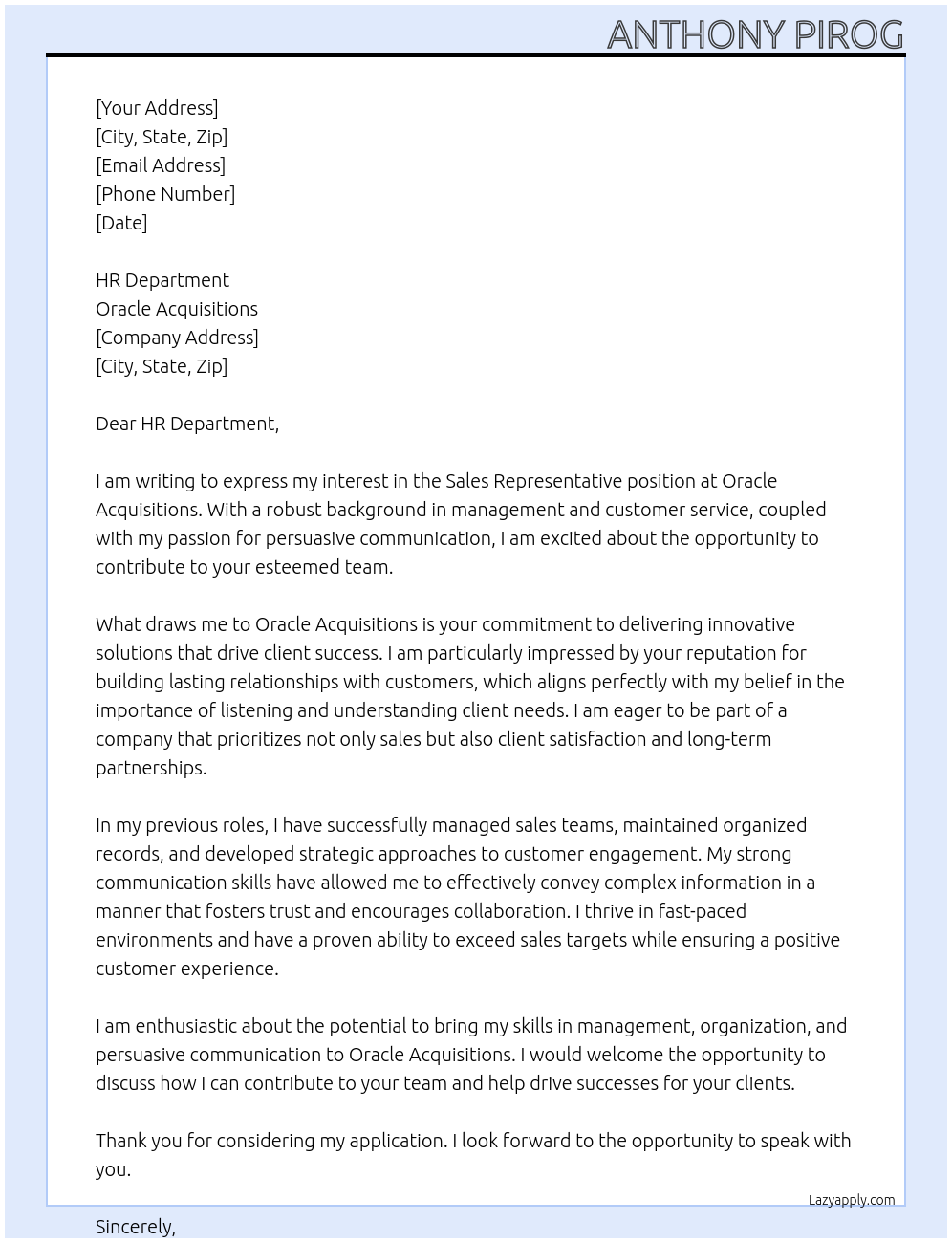 Sales Representative At Oracle Acquisitions Cover Letter
