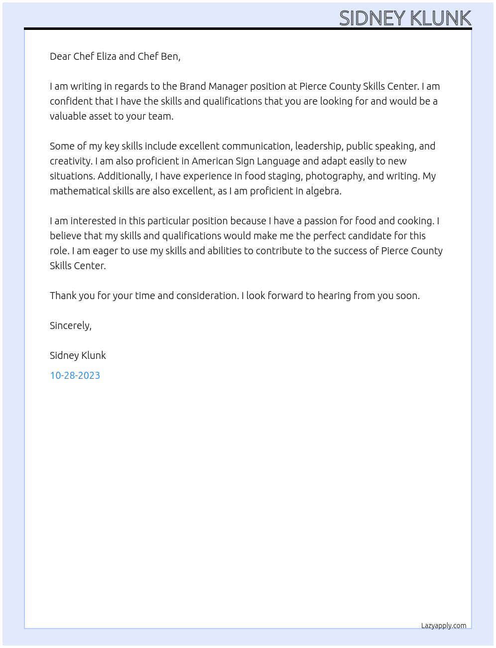 Brand Manager At Pierce County Skills Center Cover Letter