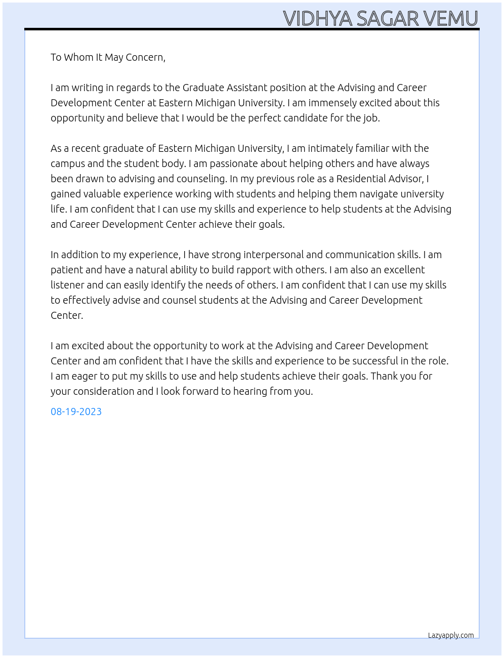 graduate assistant At eastern michigan university Cover Letter