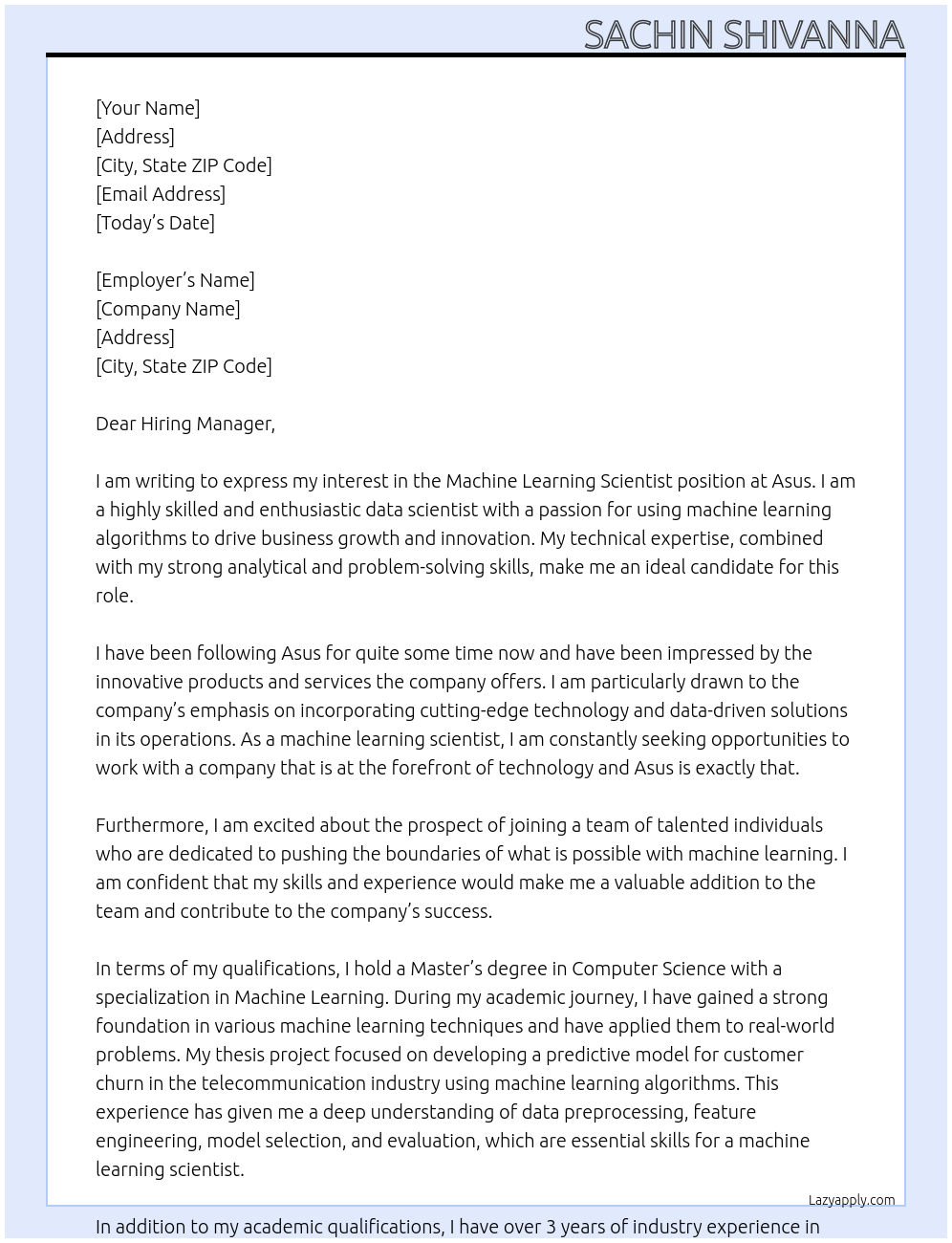 Machine Learning Scientist At Asus Cover Letter
