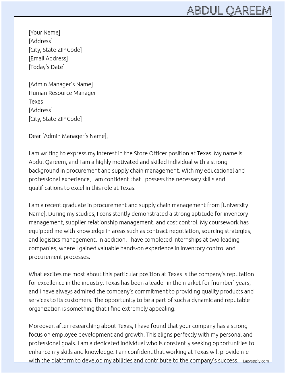 Store officer At Texas Cover Letter