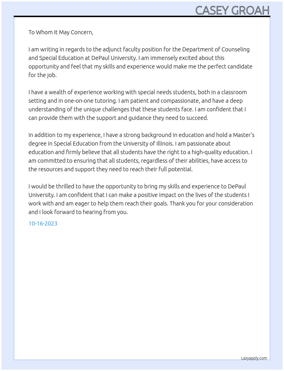 Adjunct Faculty - Department of Counseling and Special Education, Special Education and Reading At DePaul University Cover Letter