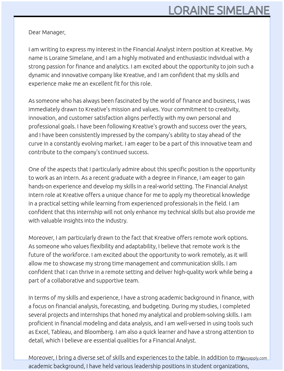 Financial Analyst intern  At Kreative  Cover Letter
