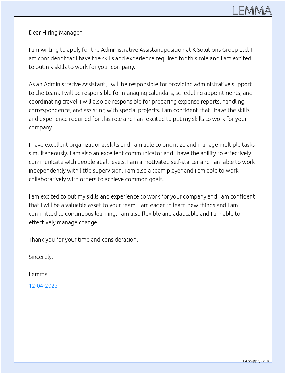 Adminstrative Assistant At K Solutions Group Ltd Cover Letter