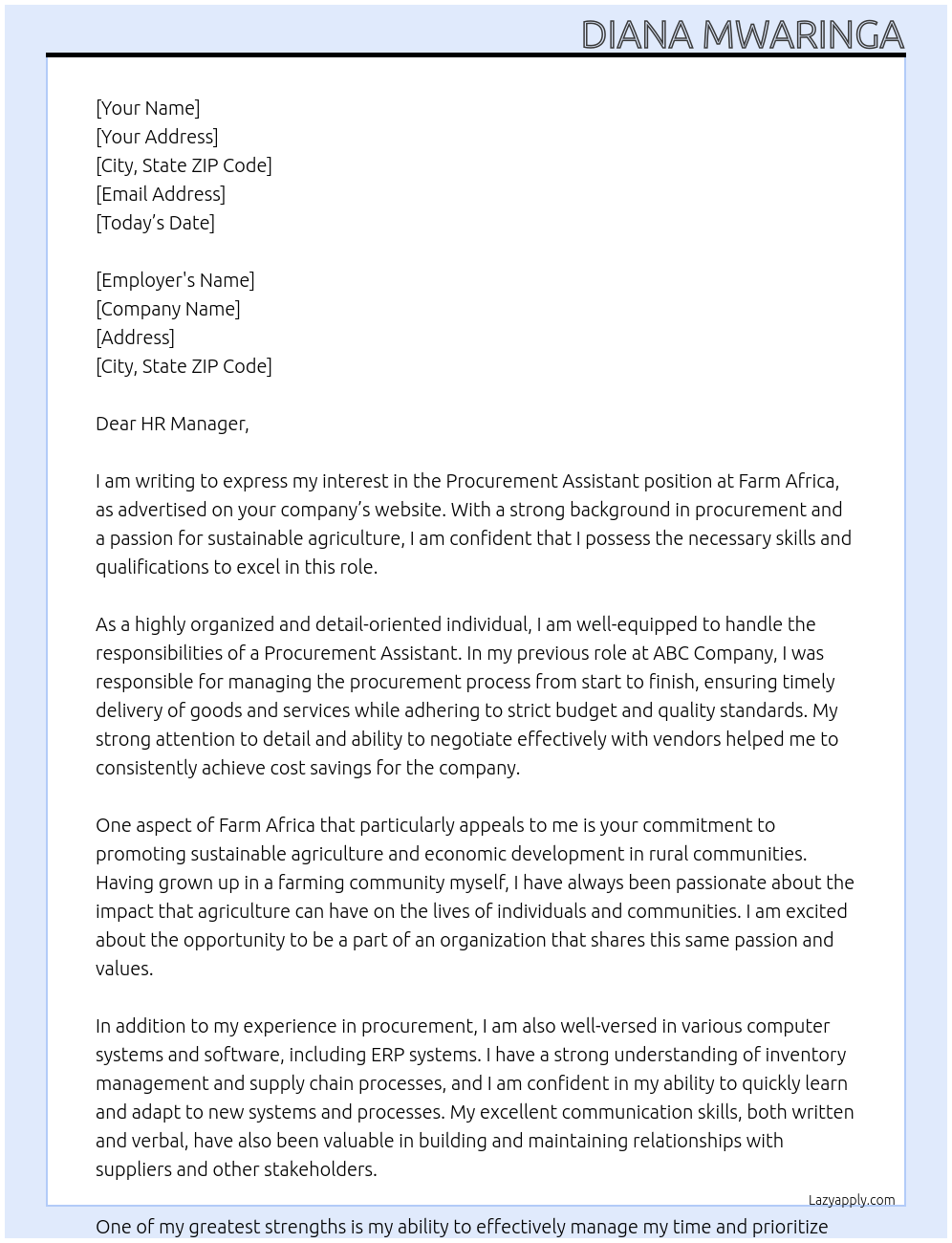 Procurement Assistant At Farm Africa Cover Letter