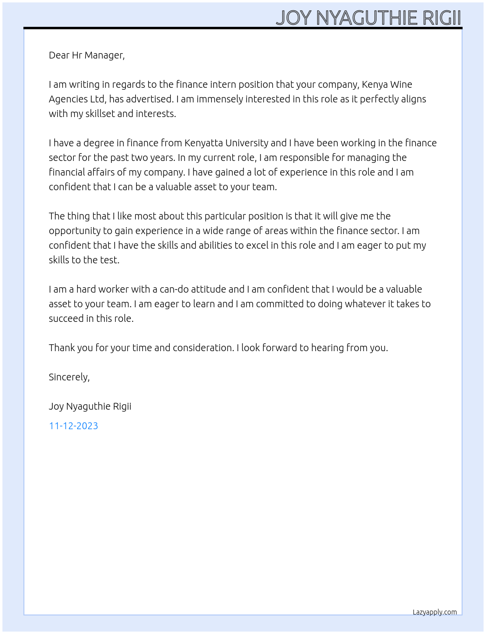 Finance Intern At Kenya Wine Agencies Ltd Cover Letter