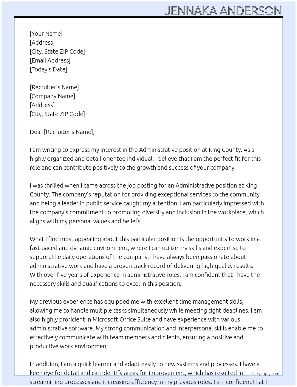 Administrative At King County Cover Letter