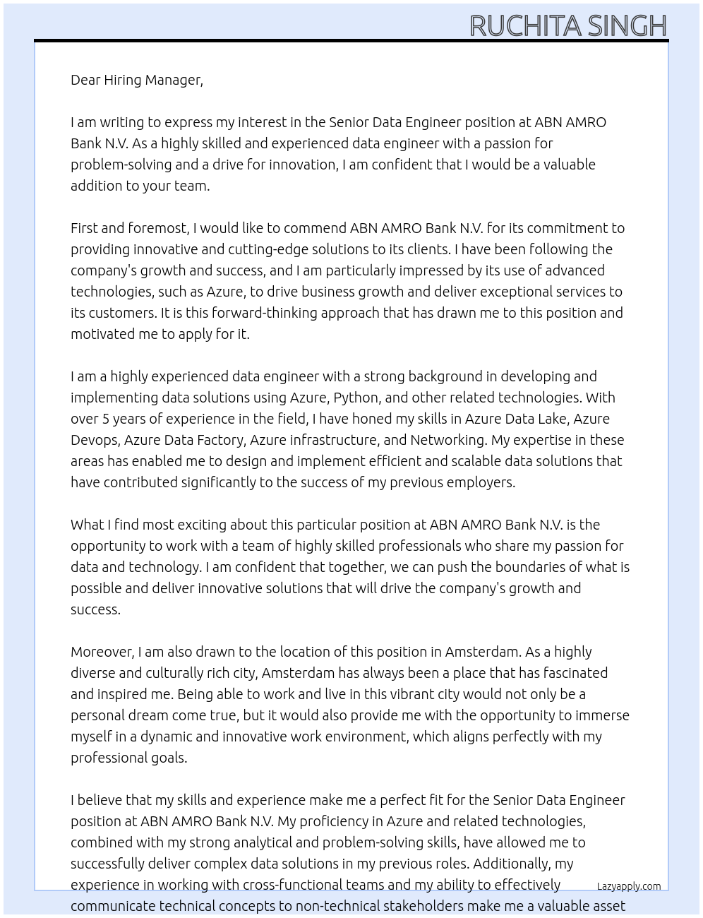 Senior Data Engineer At ABN AMRO Bank N.V. Cover Letter