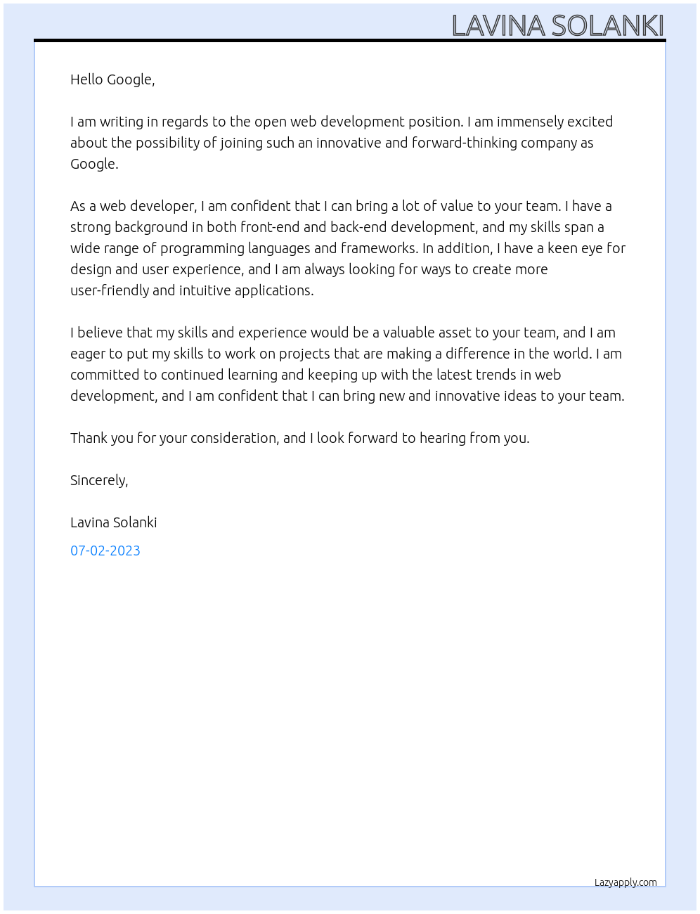 web development At google Cover Letter