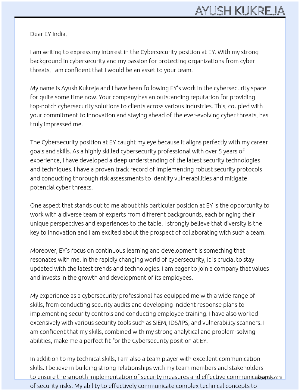Cybersecurity At EY Cover Letter