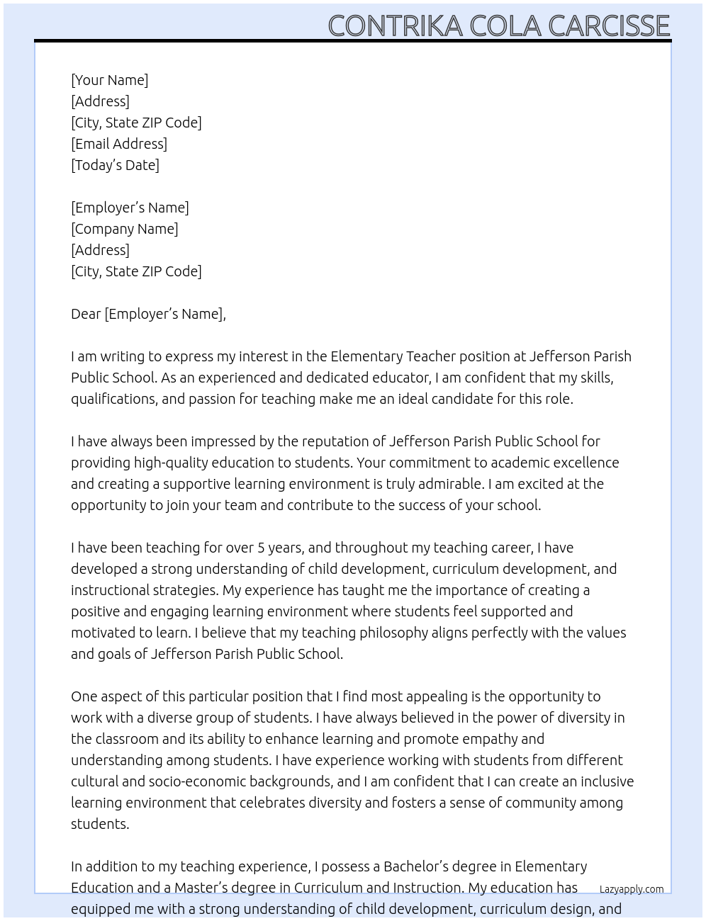 Elementary Teacher At Jefferson Parish Public School Cover Letter