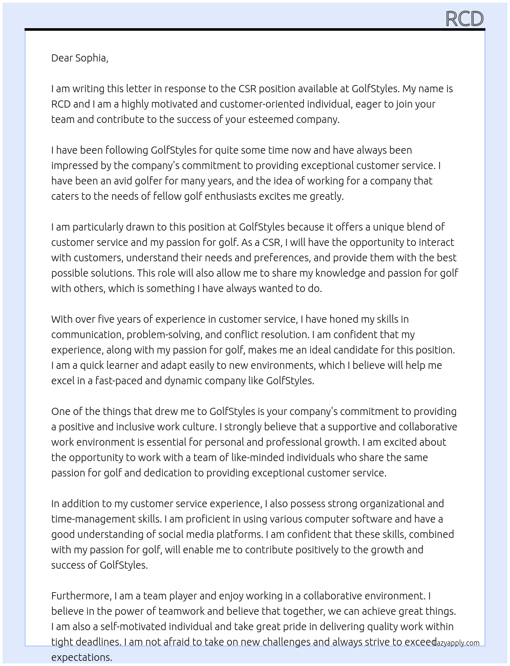 csr At golfstyles Cover Letter