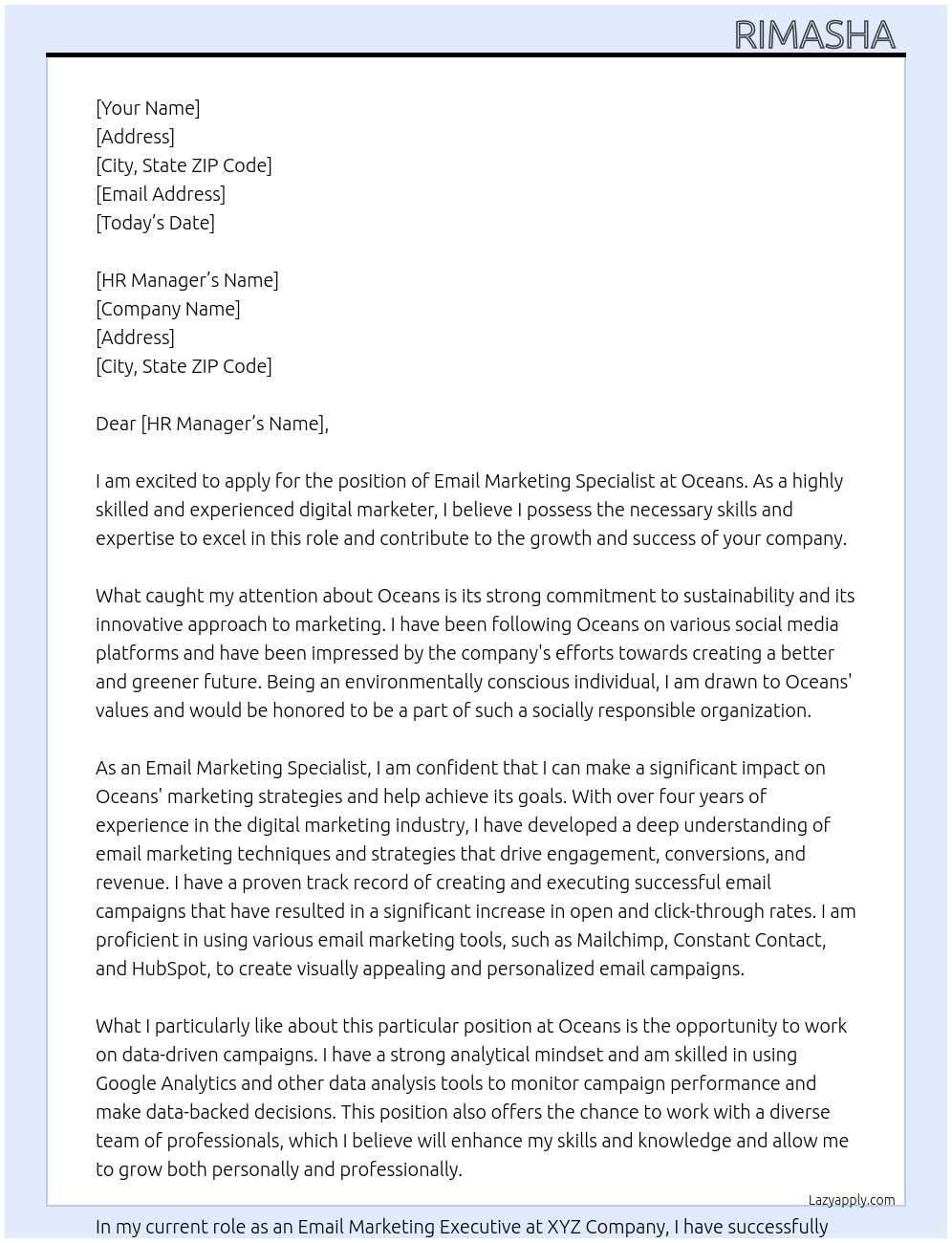 email marketing specialist  At Oceans Cover Letter