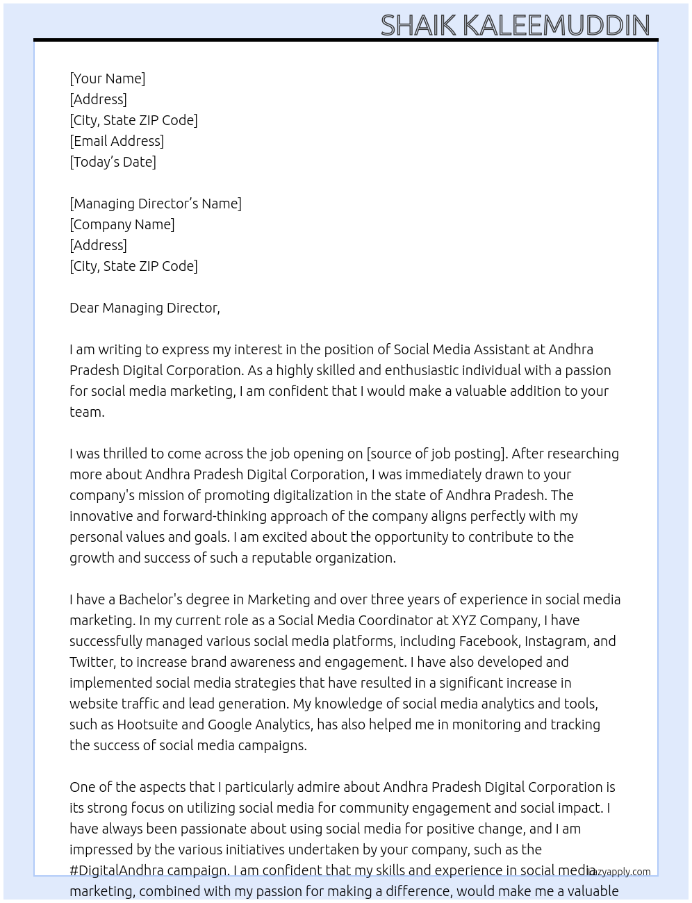 Social Media assistant At Andhra Pradesh digital corporation Cover Letter