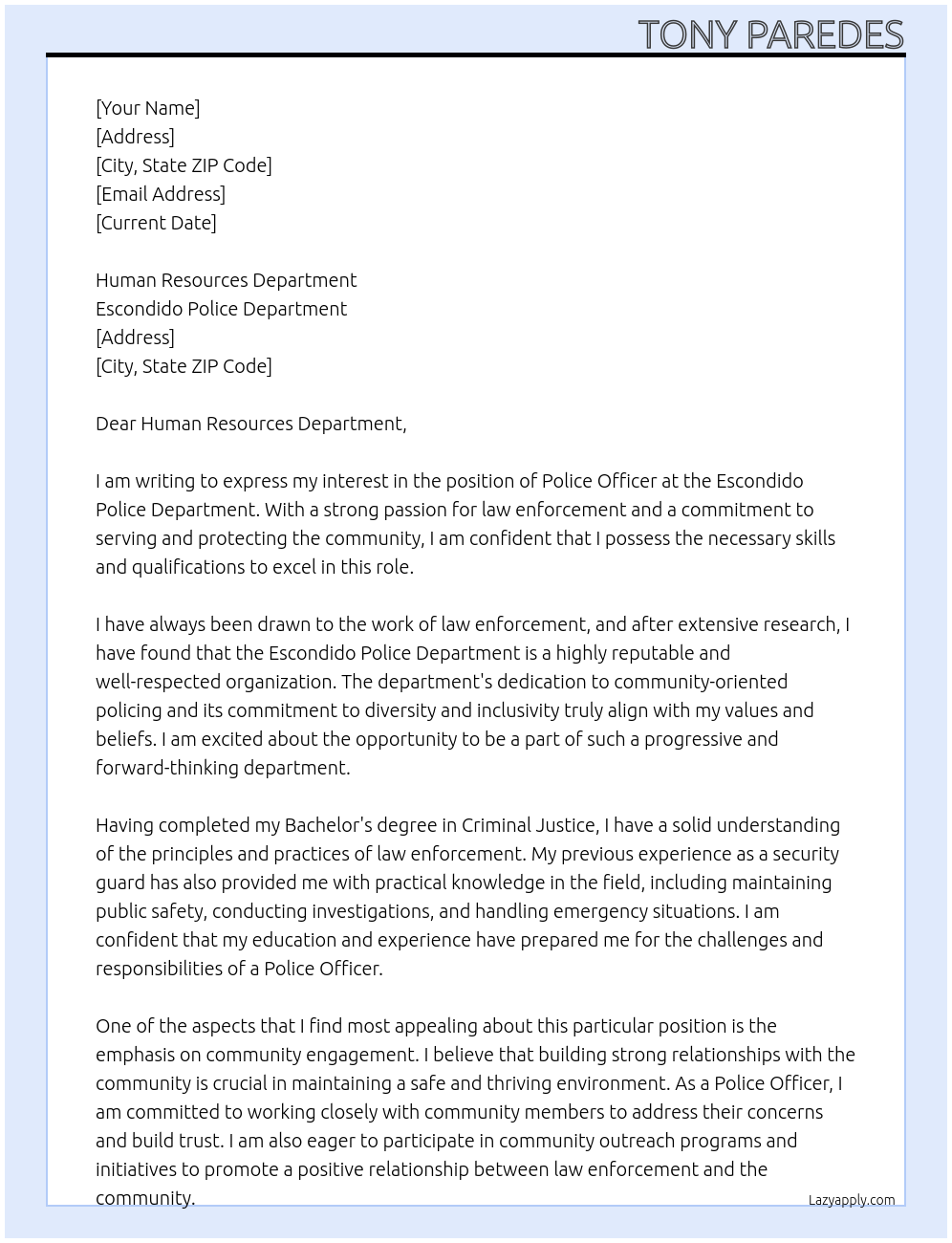 Police Officer At Escondido Police Department Cover Letter
