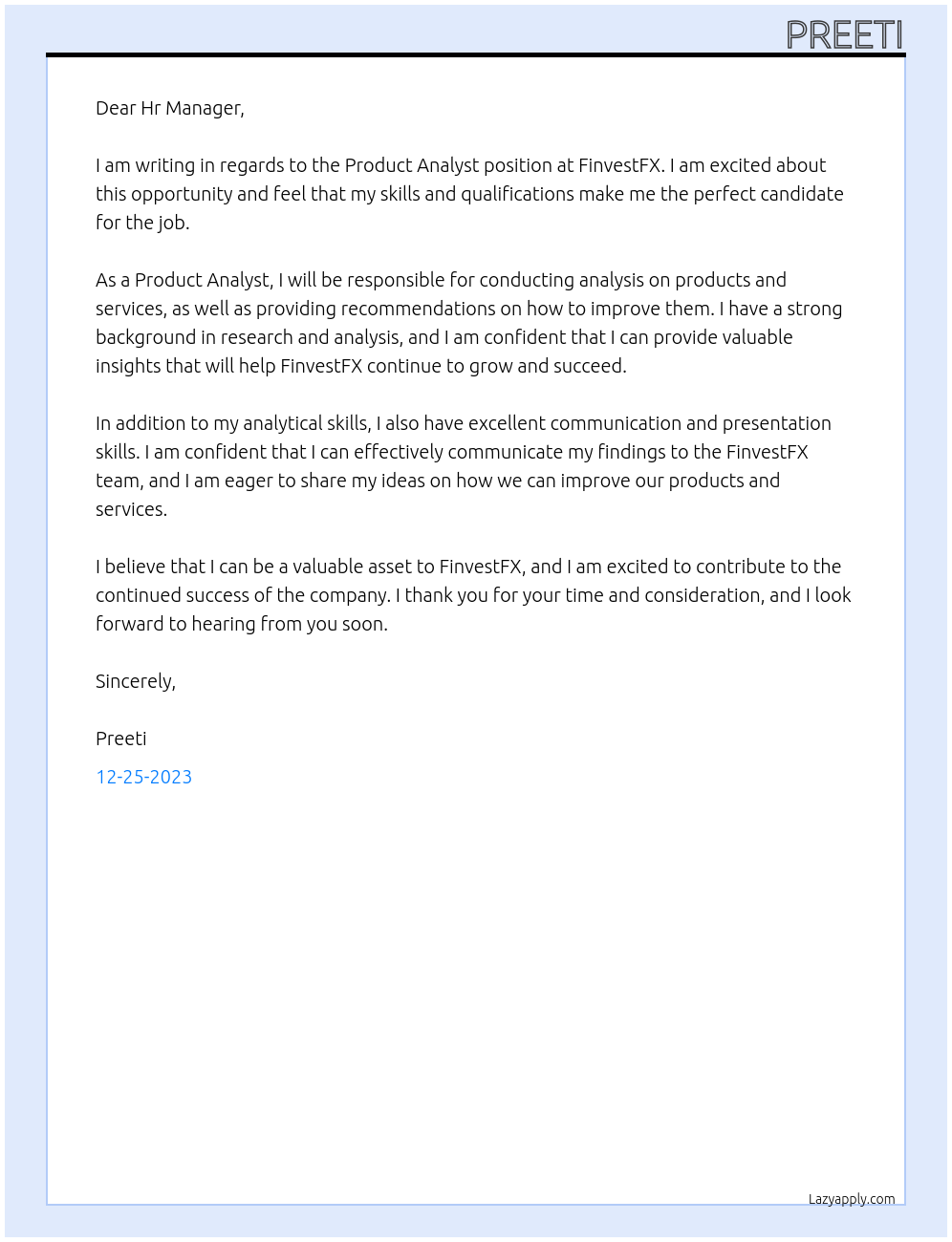 Product Analyst At FinvestFX Cover Letter