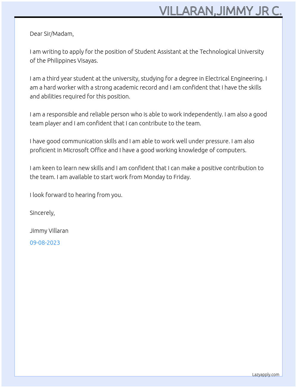 Student Assistant At Technological University of the Philippines Visayas Cover Letter