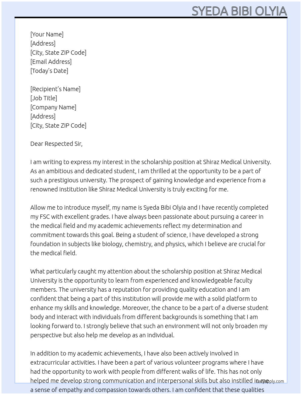 scholarship At shiraz medical university Cover Letter