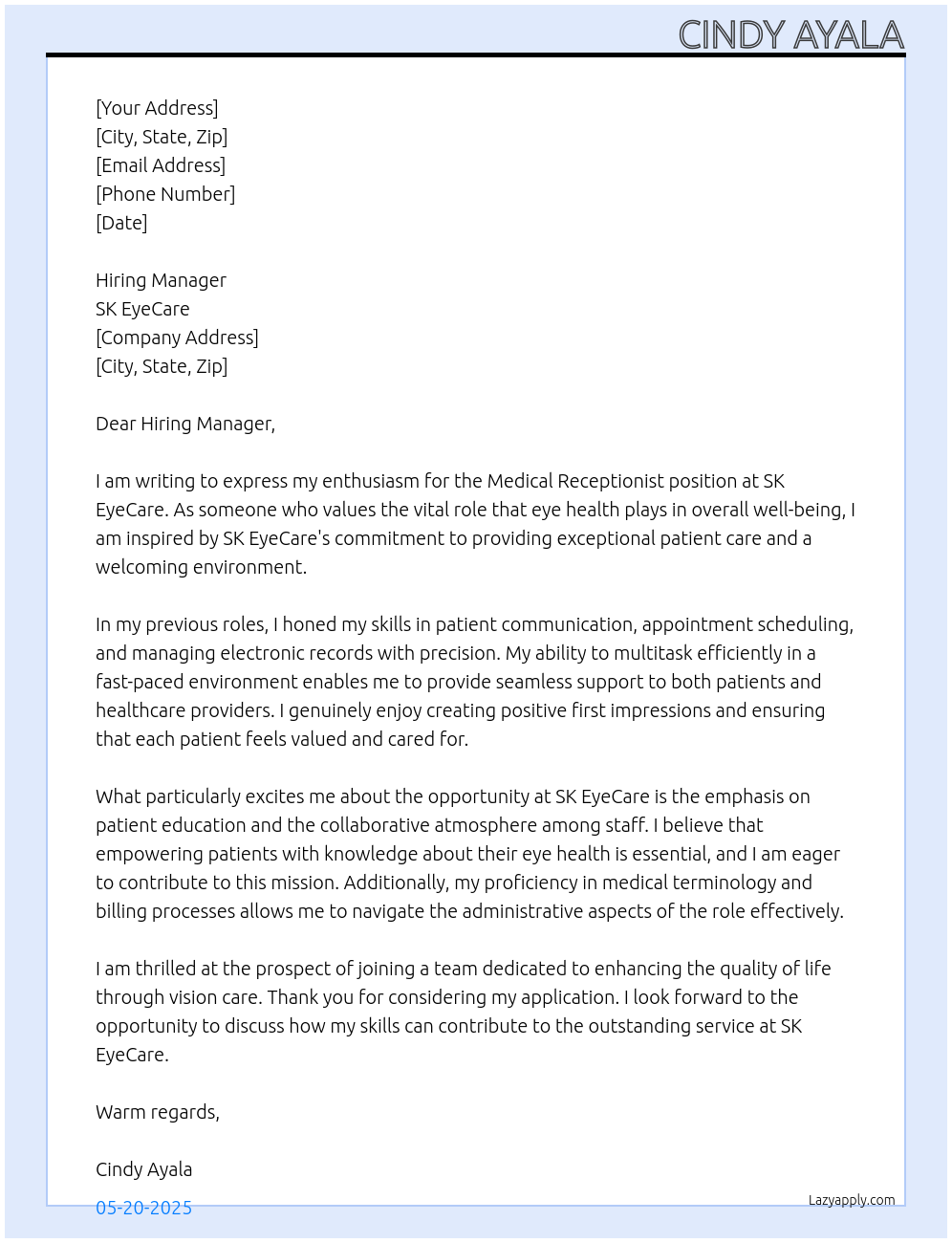 Cover letter for medical receptionist - LazyApply