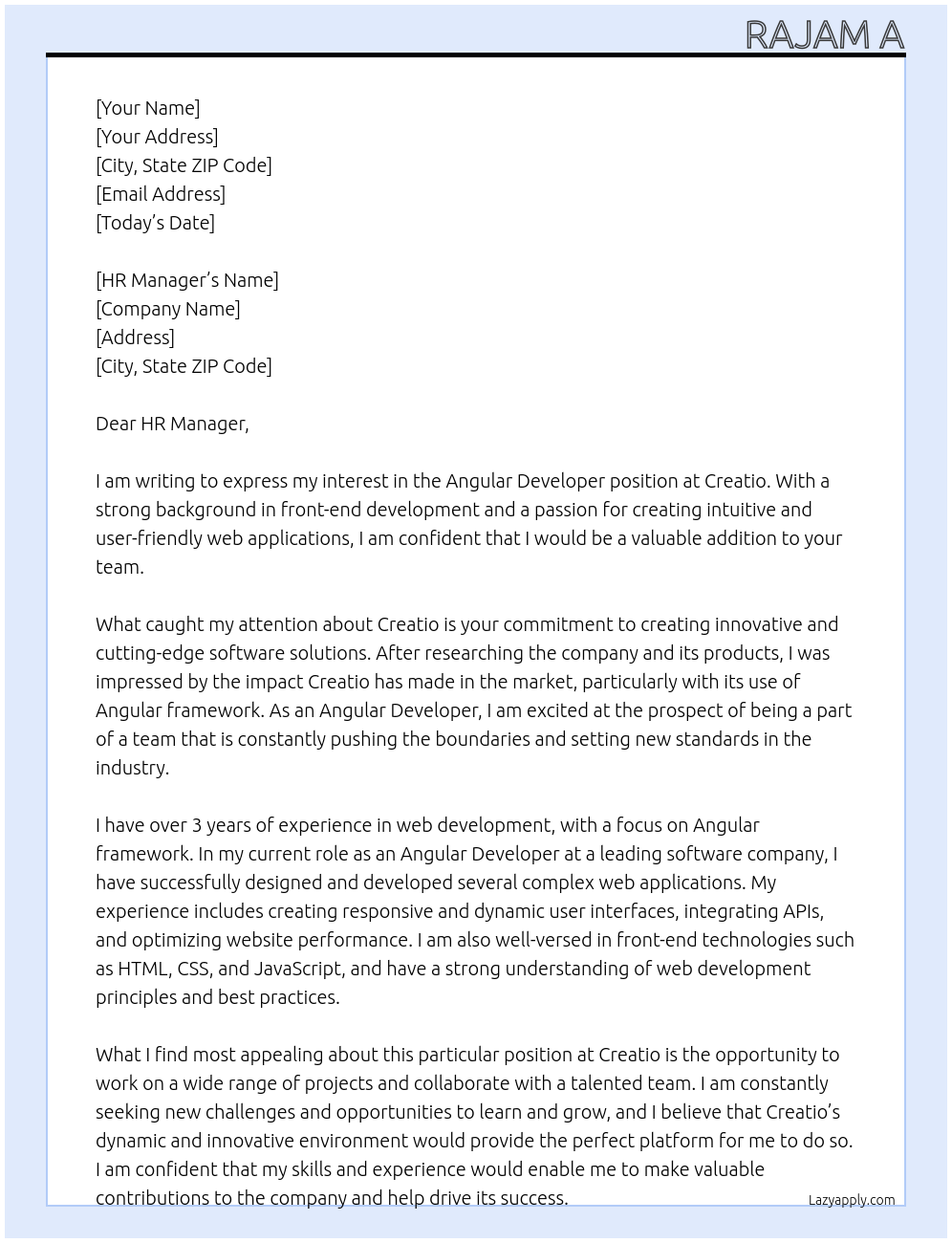 Angular Developer At Creatio Cover Letter