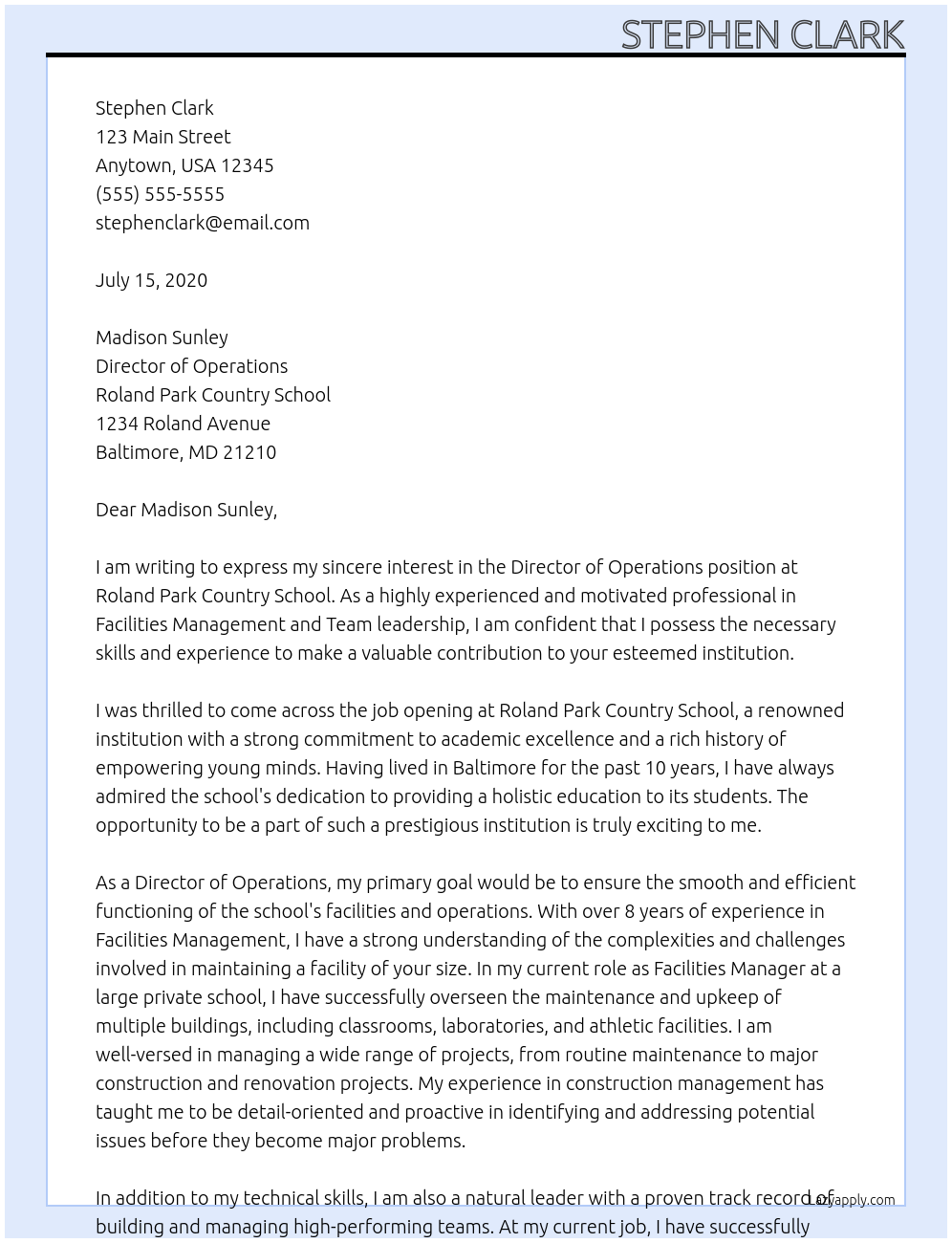 Director of Operations At Roland Park Country School Cover Letter