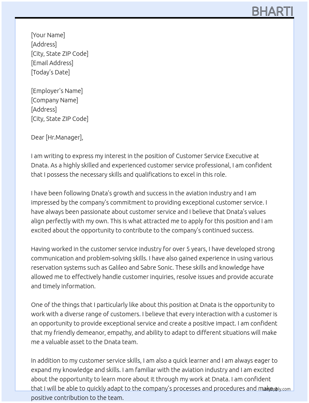 Customer service executive At Dnata Cover Letter