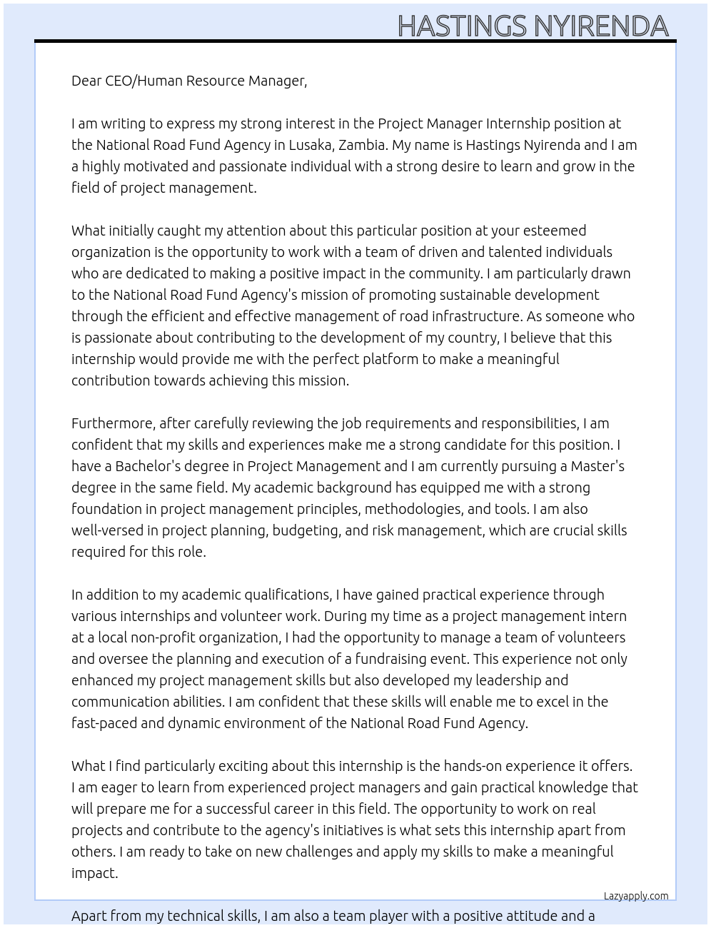 Project manager Internship  At National Road Fund Agency  Cover Letter